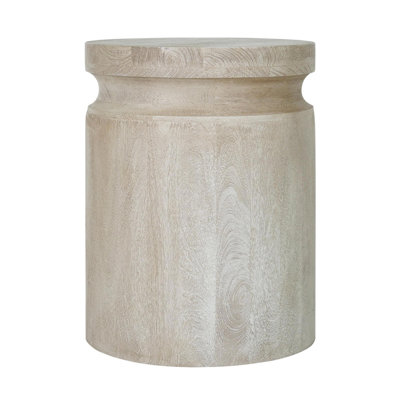 Table d'appoint cylindrique sculpturale en bois de manguier, finition crème délavée, 45,7 cm de diamètre x 58,4 cm de hauteur, idéale pour le salon, la chambre ou pour présenter des plantes.