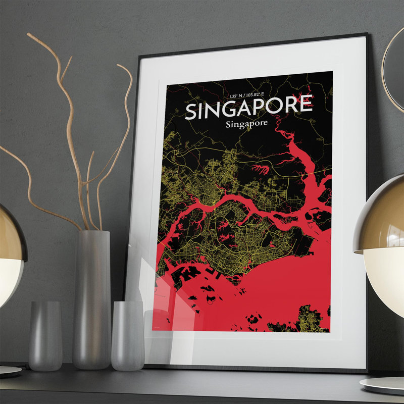 Carte de la ville de Singapour, impression, Noir / rouge / jaune, H 36 po x l 24 po