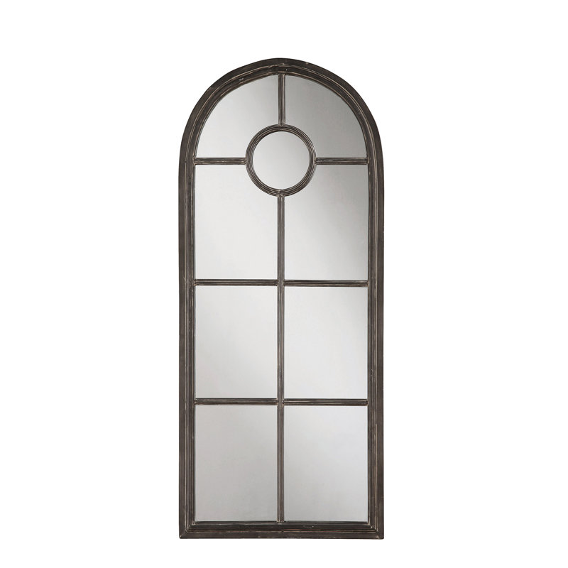 Distressed Arched Metal Wall Mirror with Window Pane, Black