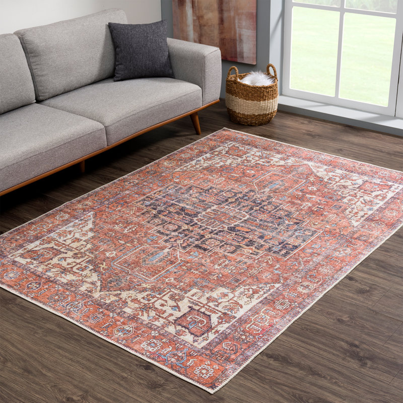 Washable Non-slip Traditional Area Rug - Red / Orange / Beige Rug for Entryway, Hallway, Bathroom, and Kitchen - Heffington