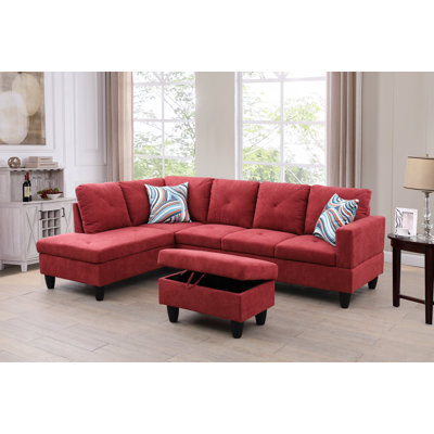 Red Sackcloth Fabric L style Left Hand Facing Living Room Sofa Set, with ottoman