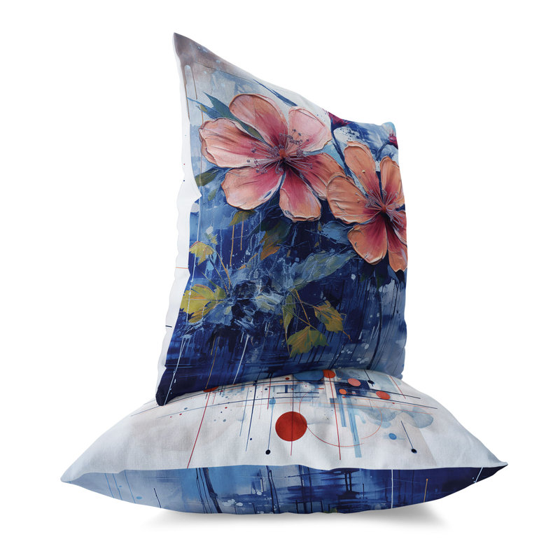 Coussin décoratif floral intérieur / extérieur Floral Geo Paint, H 20 po x l 20 po, Bleu / Rose