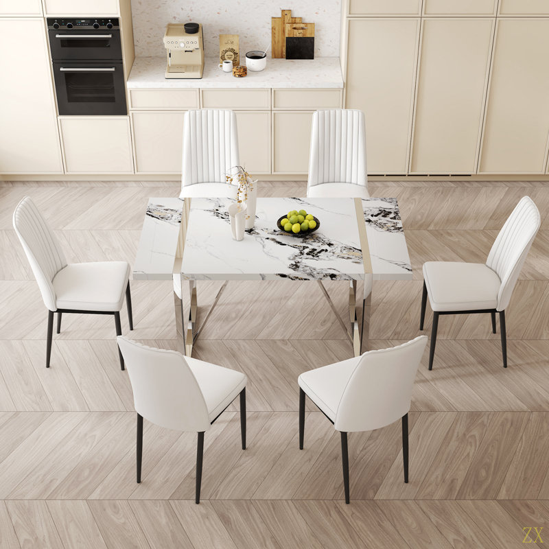 Ensemble de table de salle à manger 7 pièces, table de salle à manger et 6 chaises en cuir PU, ensemble de table de salle à manger peu encombrant pour la cuisine et la salle à manger