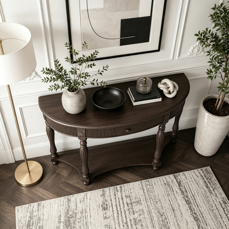 Solid Wood Half Moon Console Table with Drawer & Shelf, Deep Rustic Brown