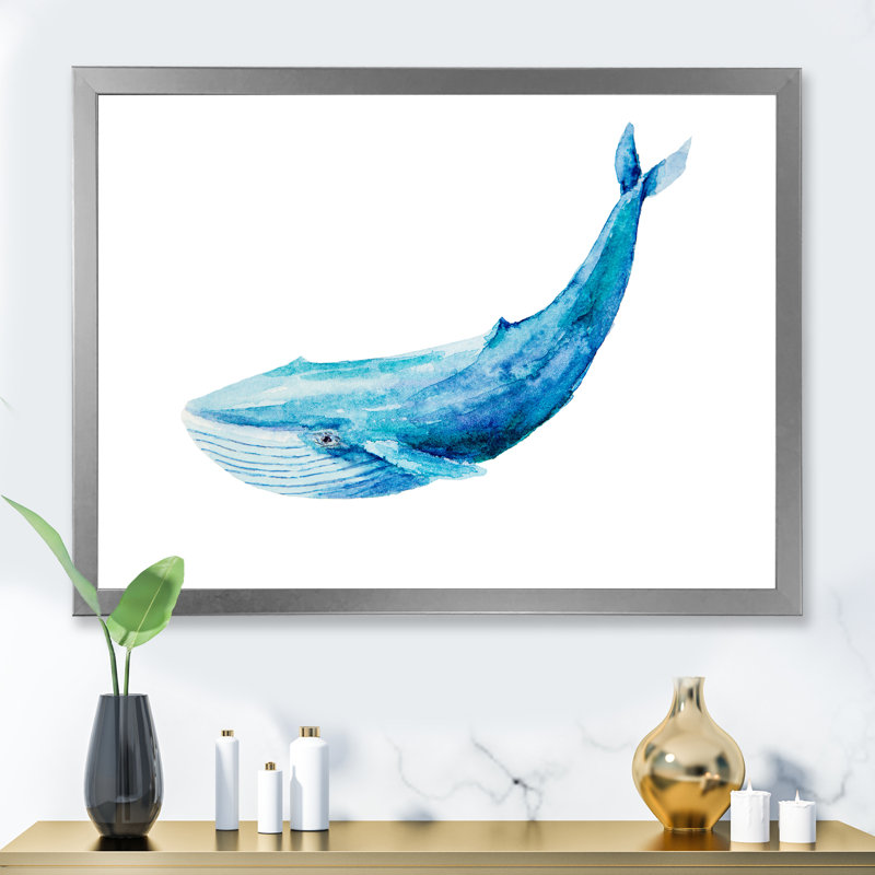 Baleine bleue sur fond blanc II - peinture sur toile, H 30 po x l 40 po, Toile argentée avec cadre d'angle fermé