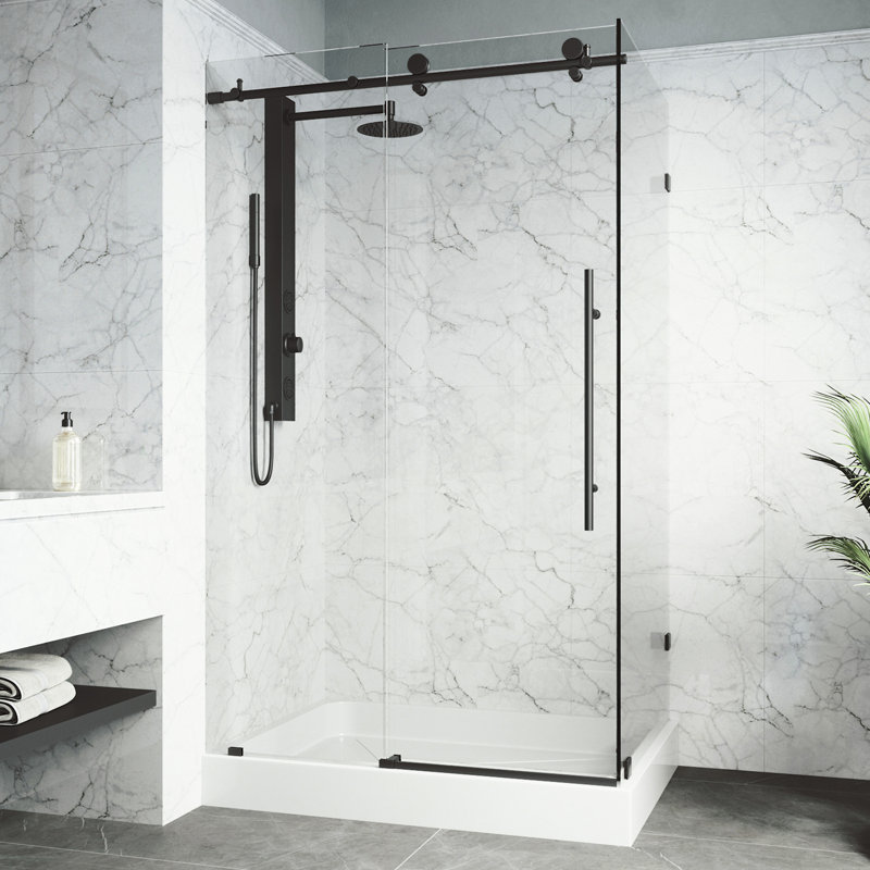 Cabine de douche coulissante sans cadre avec verre transparent de 3/8 po et base Elan classe E 48 po x P 36 po x H 82 po