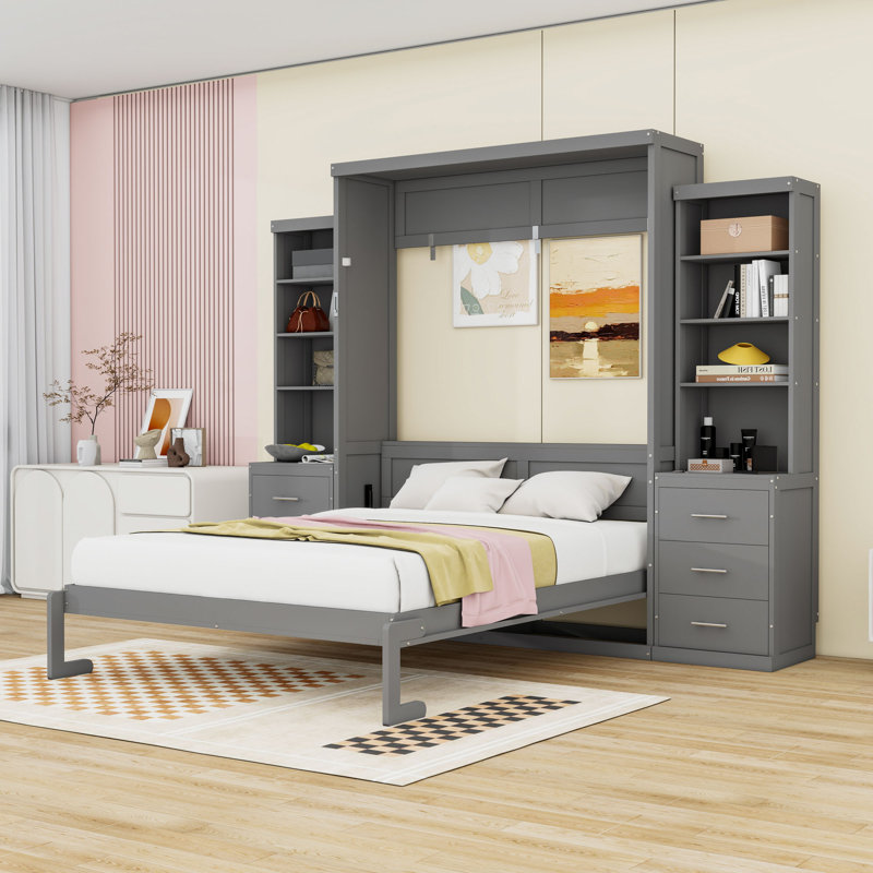 Lit escamotable double en bois avec tablettes de rangement et 6 tiroirs, Gray