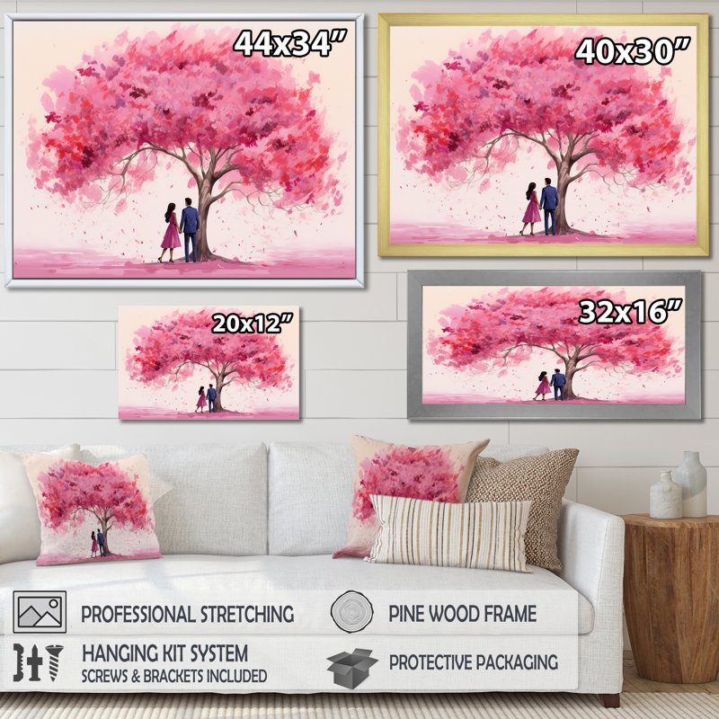 Couple romantique sous un arbre rose II - Art mural romantique, Toile tendue,  H 12 po x l 20 po x P 1 po