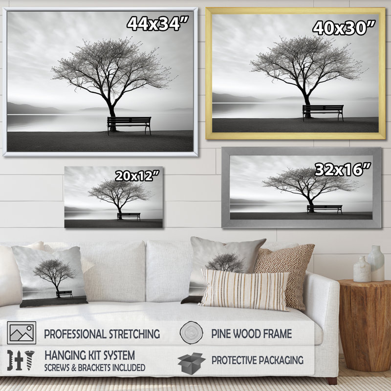 «Black and White Lakeside Nature Serenity», reproduction sur toile, Cadre flottant noir, 34" H x 44" W