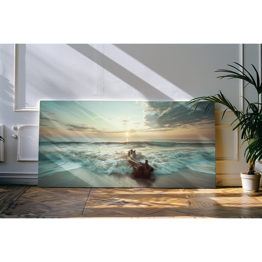 Leinwandbild gerahmt 120x60cm Sonnenuntergang Welle Treibholz Horizont Strand Meer