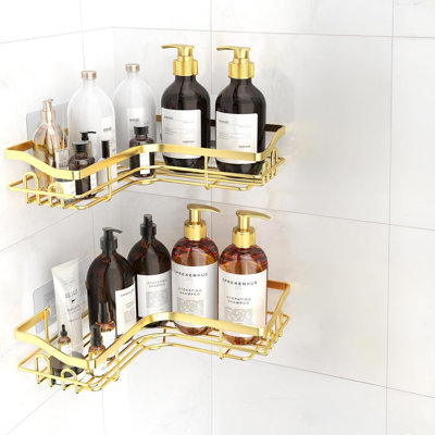 Serviteur de douche en coin doré en forme de L, paquet de 2 tablettes de douche en acier inoxydable antirouille, organisateur de salle de bain sans perçage, support de douche peu encombrant pour douche intérieure