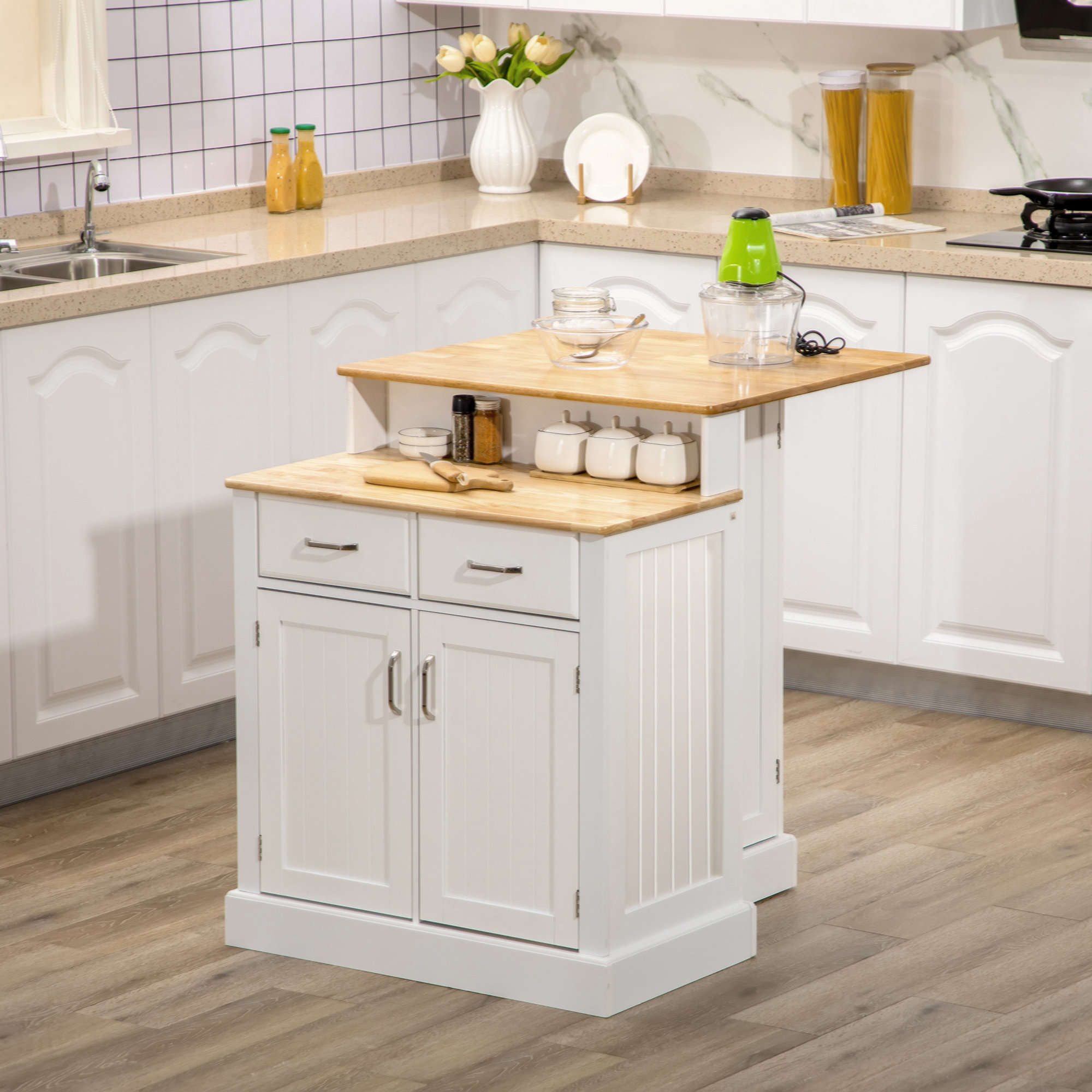 Lark Manor Kitchen Island With Storage And 2Level Rubber Wood