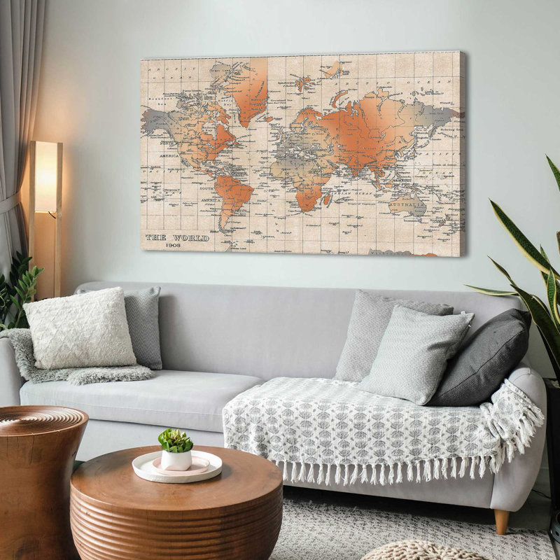 Carte du monde par Elizabeth Medley - impression, Toile tendue, H 24 po x l 40 po x P 1,5 po