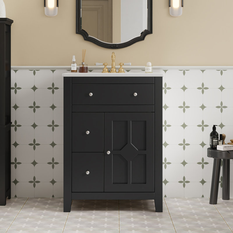 Meuble-lavabo moderne avec lavabo en céramique avec 2 tiroirs et porte à fermeture douce, Noir