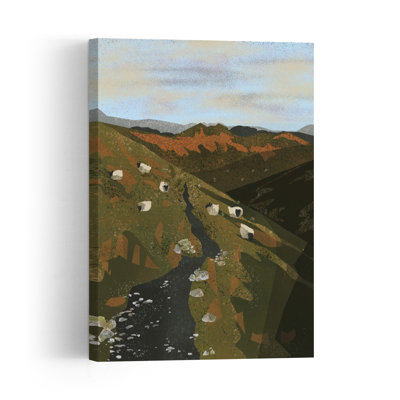 Sheep On Mountain Path Abstract Contemporary Animal Landscape Wall Art Print 1 Piece Wrapped Canvas Wall Art