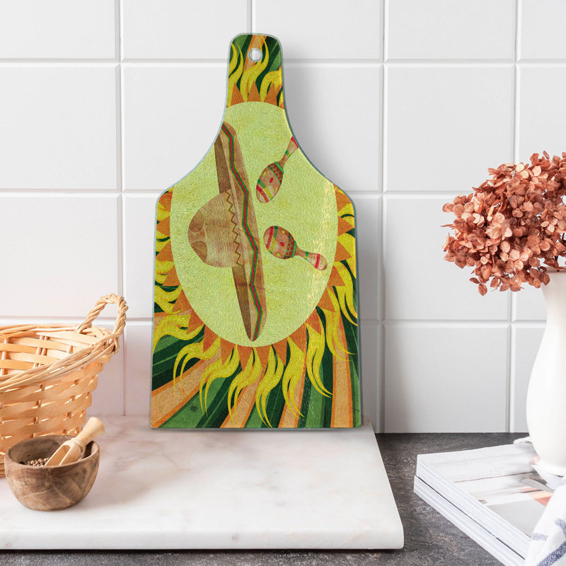 Multicolor Rectangular Tempered Glass Cutting Board with Mexican Design
