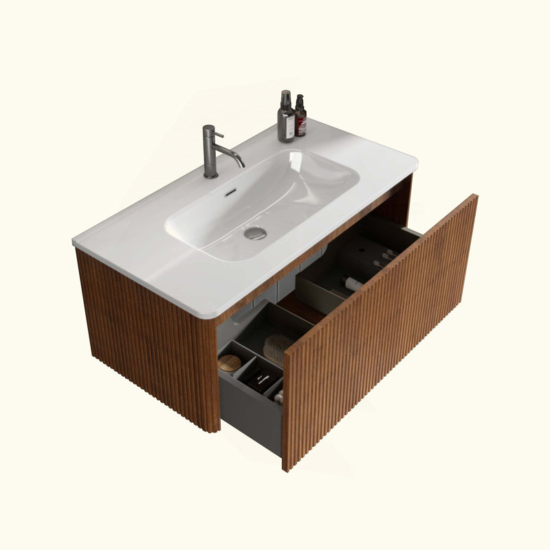 Meuble-lavabo rayé en noyer rayé avec lavabo en céramique, meuble-lavabo mural flottant pour salle de bain moderne, KD, 36"