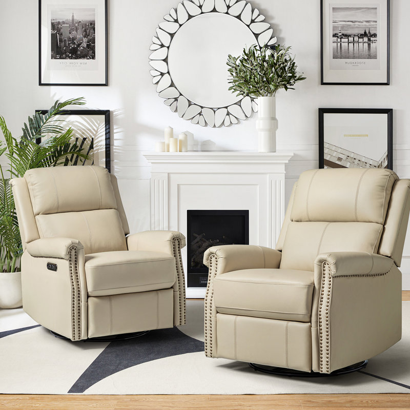 Inglenook 32" Wide Genuine Leather Power Swivel Standard Recliner Set Of 2, Beige