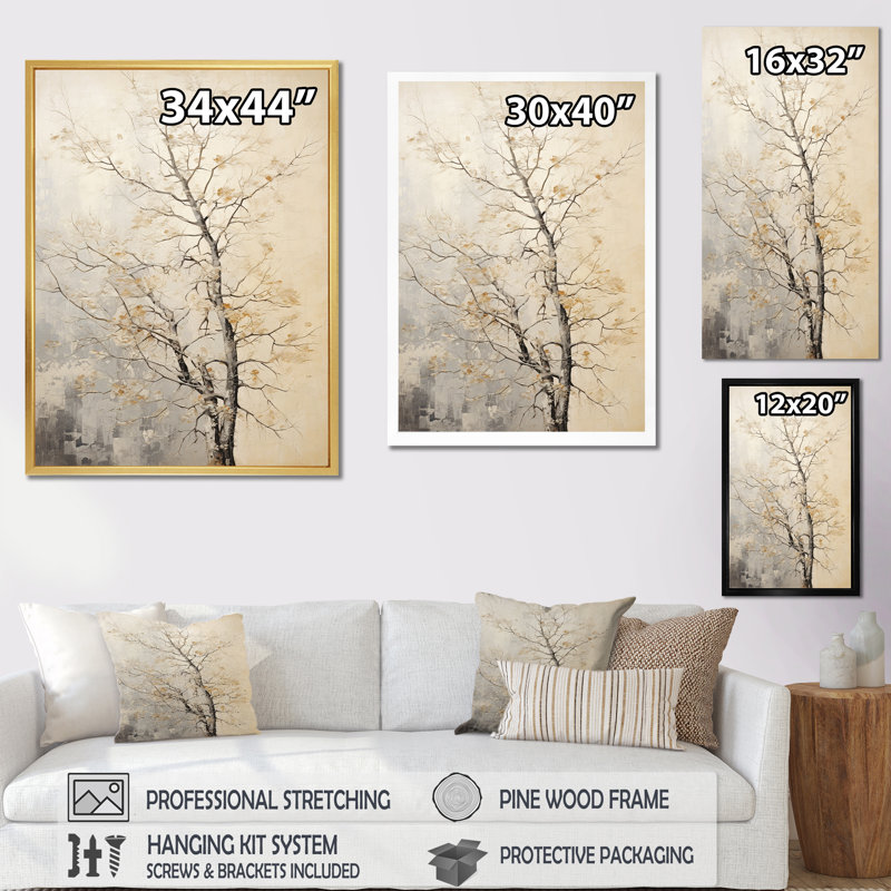 Chêne beige arbres solitude I - grand art mural chêne, H 32 po x l 16 po x P 1 po, Cadre simple argenté