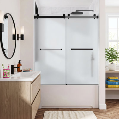 Porte de douche/baignoire coulissante double sans cadre de 56 à 61 po L x 66 po H, en pellicule incassable avec verre dépoli de 3/8 po (10 mm) et roulettes silencieuses