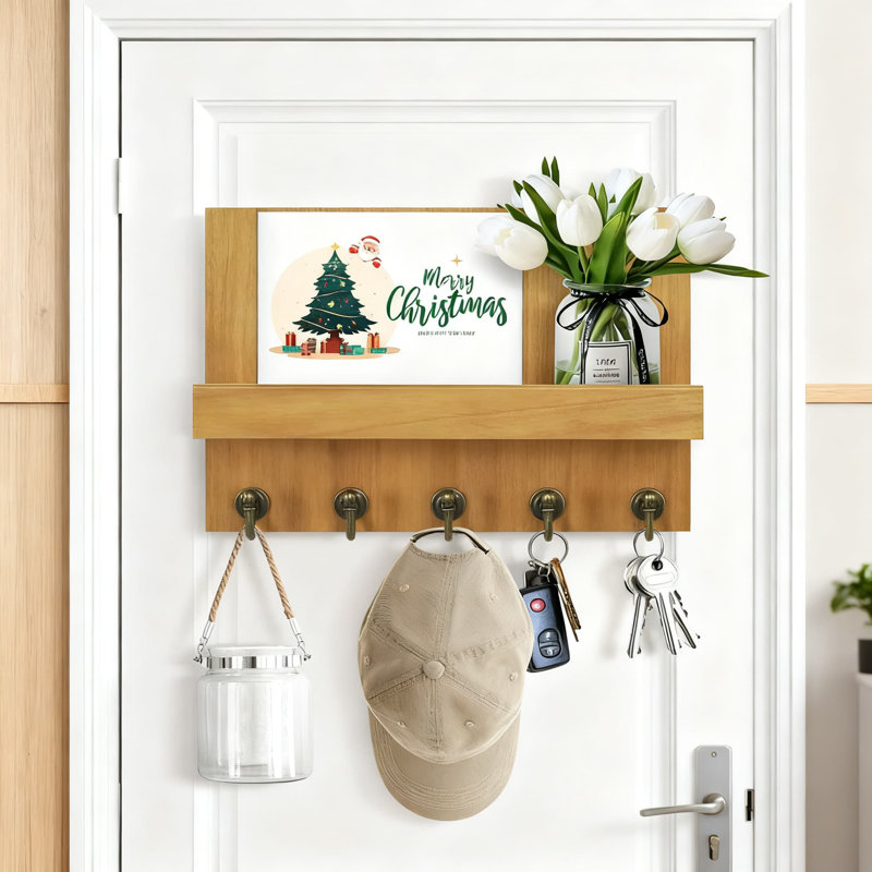 Porte-clés mural et organisateur de courrier avec 5 crochets robustes pour l'entrée, la cuisine et l'organisation à la maison, installation rustique facile à installer