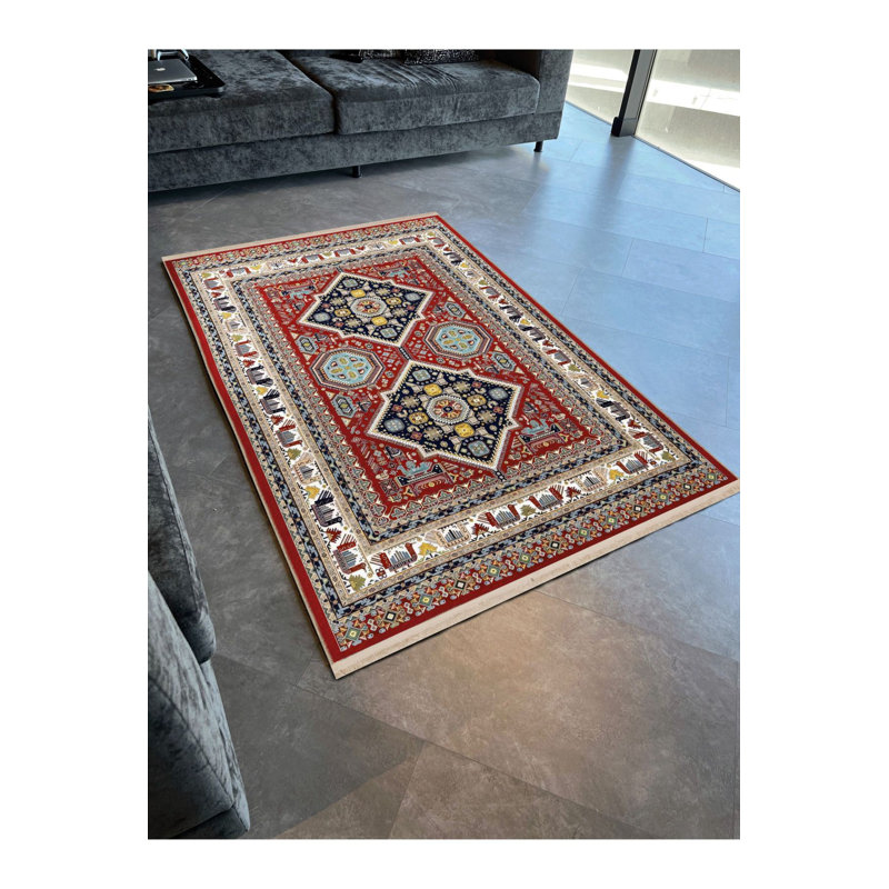 Tapis décoratif rétro multicolore rétro bourgogne, Rectangle 4 pi 7 po x 6 pi 7 po