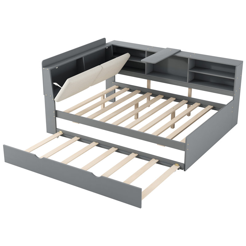 Full Size, Gray, Wood Platform Bed, Trundle, Upholstered Headboard, Storage - Equipped Shelving Headboard Shelves, + Pine Build
