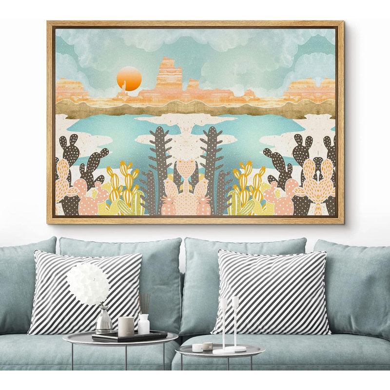 Sun Mountain Range, Canyon rose avec soleil orange et cactus, reproduction sur toile, Naturel, H 16 po x l 24 po x P 1,5 po