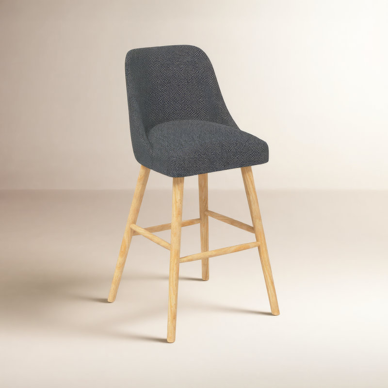 Tabouret Gallie, Tabouret de bar (siège d'une hauteur de 31 po), Bois naturel, Sustain Milsap en tweed bleu marine