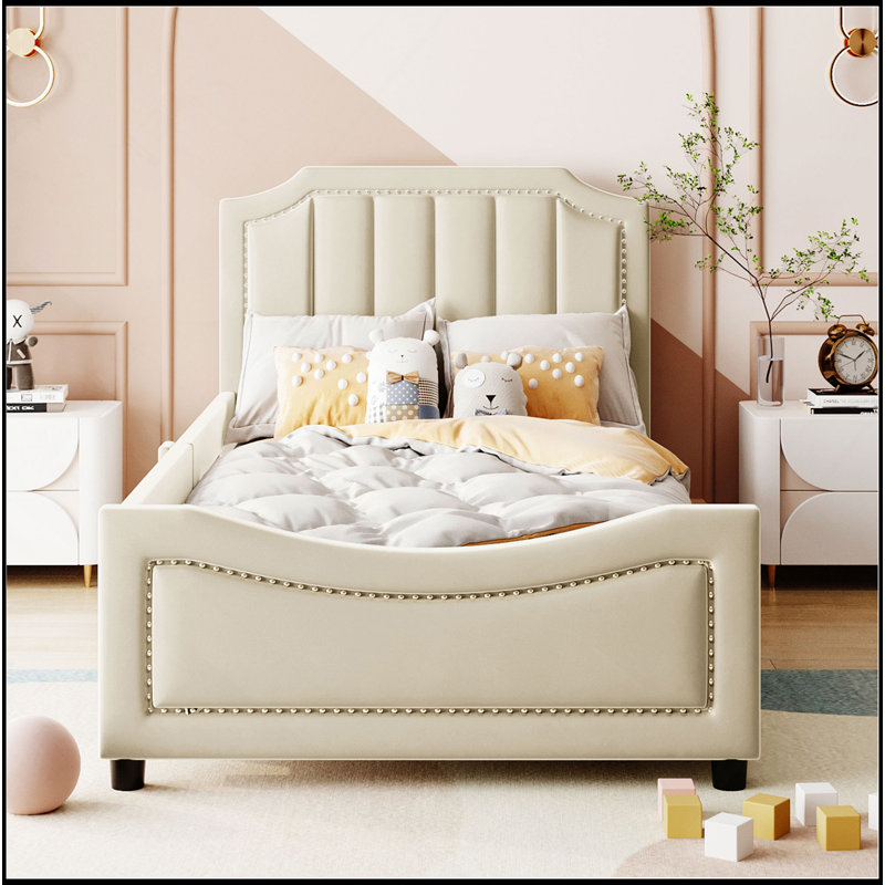 Twin Size Upholstered Daybed With Classic Stripe Shaped Headboard, Combining Comfort And Contemporary Style For Modern Living Spaces.