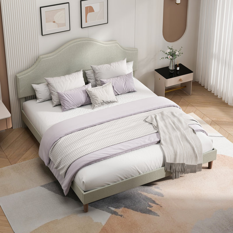 Lit plateforme tapissier avec tête de lit ajustable, rembourré en tissu de lin, lit plateforme de style simple et moderne sans sommier, assemblage facile