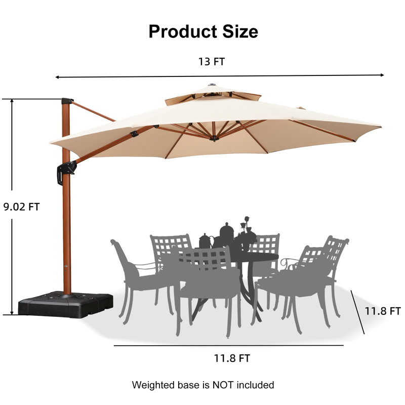 13 FT Round Wood Pattern Cantilever Umbrella,Beige, Beige