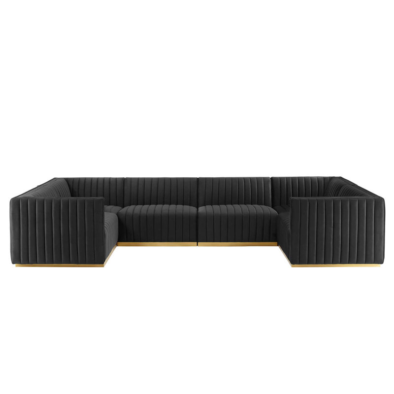 Canapé modulaire en velours performance capitonné Conjure Channel, Velours noir