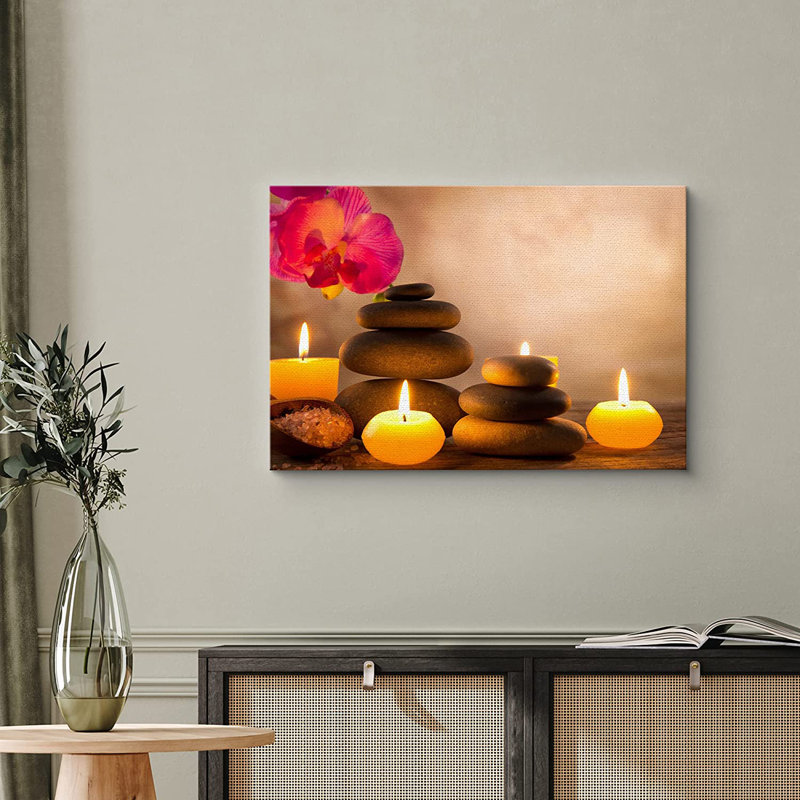Spa nature morte avec bougies aromatiques orchidées et pierres zen - reproduction de photo sur toile tendue