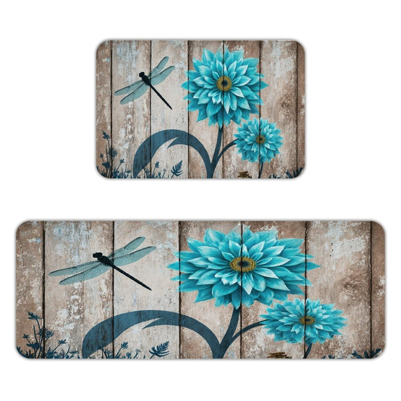 Tapis de cuisine antidérapant bleu sarcelle Dahlia et libellule, 2 pièces