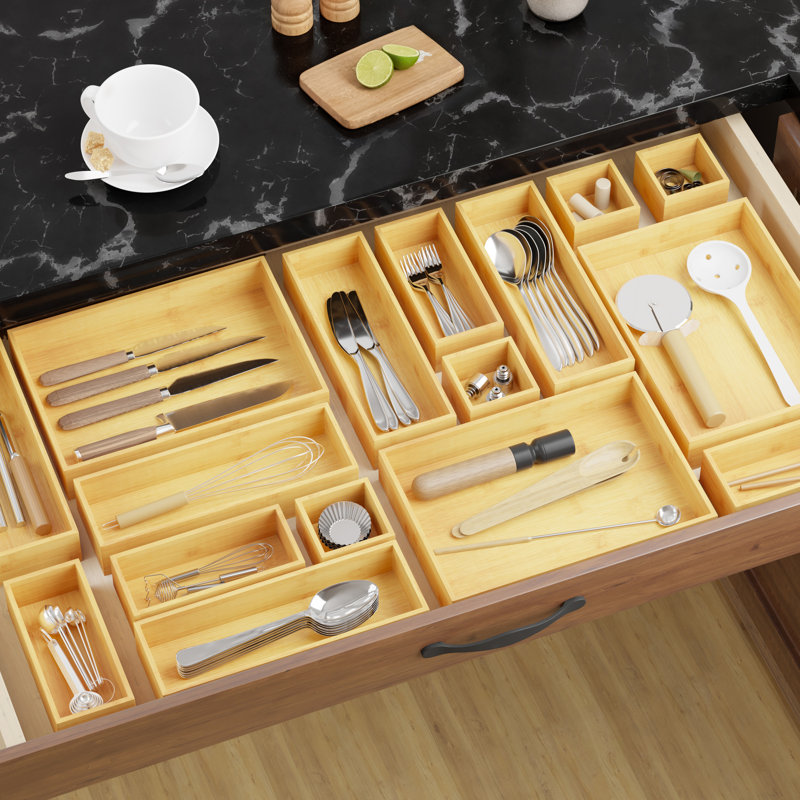 21-Piece Bamboo Drawer Organizer Set, Multi-Use Wood Tray Divider Bins for Kitchen, Bathroom, Office Desk and Makeup Organization