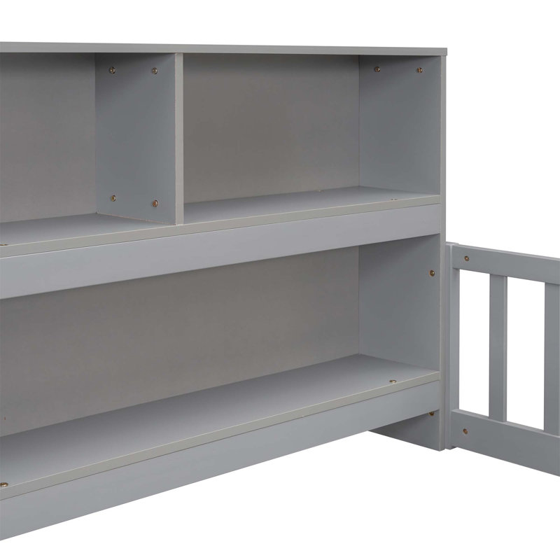 Full Floor Bed With Side Bookcase,Shelves,Guardrails, Gray, Twin
