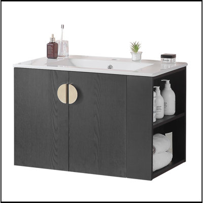 Ensemble de meuble-lavabo 30 po avec lavabo, avec deux portes et meuble-lavabo avec tablette de rangement ouverte à droite, bois massif, sans les robinets