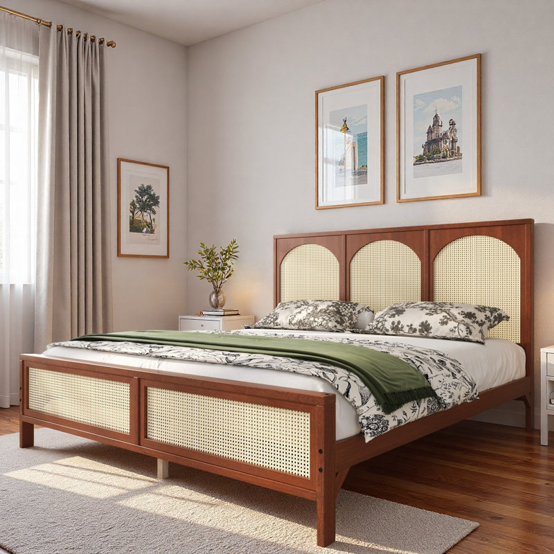 Wood Platform Bed With Rattan Headboard, Walnut, Queen