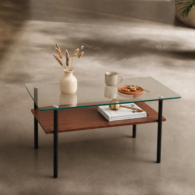 Table basse moderne du milieu du siècle à 2 niveaux de 98 cm (38,6 po), plateau en verre trempé et étagère inférieure en MDF, pattes en métal