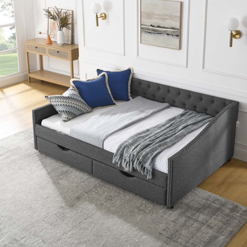 Daybed With Drawers Upholstered Tufted Sofa Bed, Full/Double, Dark Gray