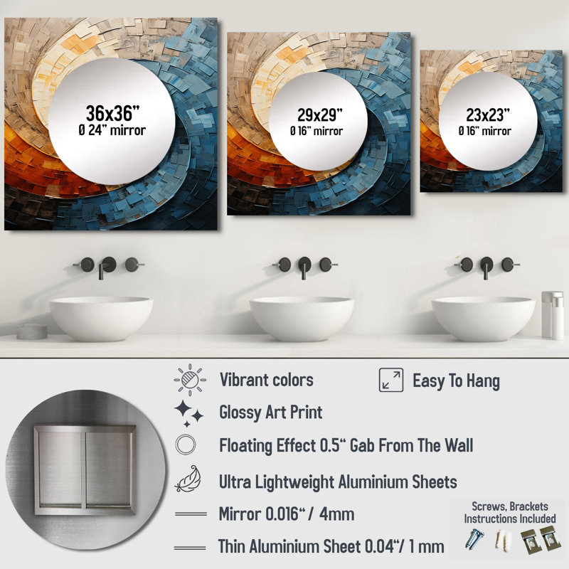 Collage en spirale - art mural abstrait miroir carré pour salle de bain, 29 po x 29 po