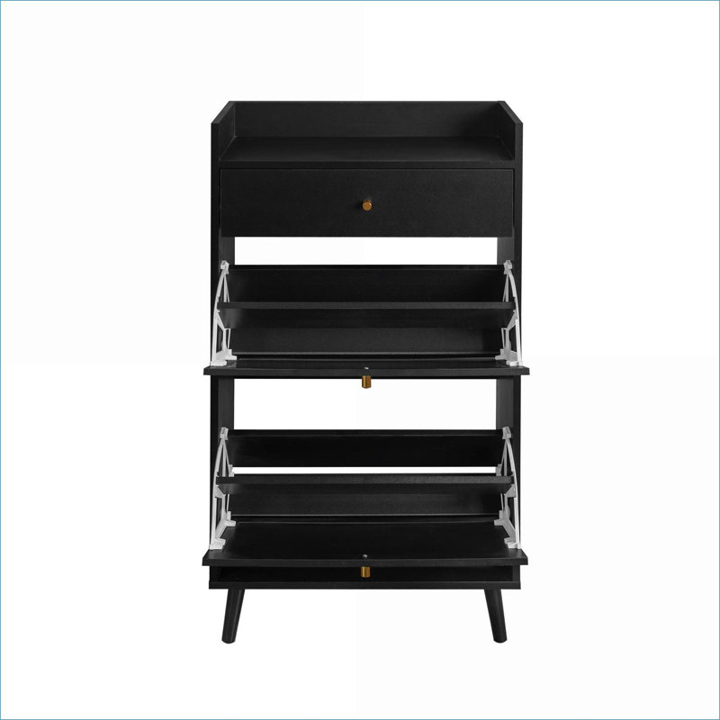 Cabinets | 2 Door 1 Drawer Double Layer Shoe Storage Cabinet, Engineered Rattan, Solid Pine Feet | Traditional | Entryway