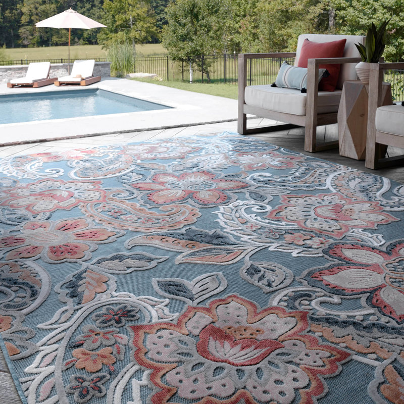 Tapis floral transitionnel Lilia, turquoise, Rectangle 3 pi 10 po x 5 pi 3 po
