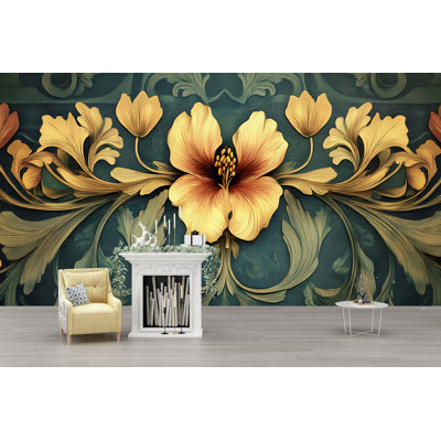 Golden Hibiscus Floral Wallpaper – Classic Baroque Botanical Wall Mural In Warm Yellow And Teal, Elegant Flower Design