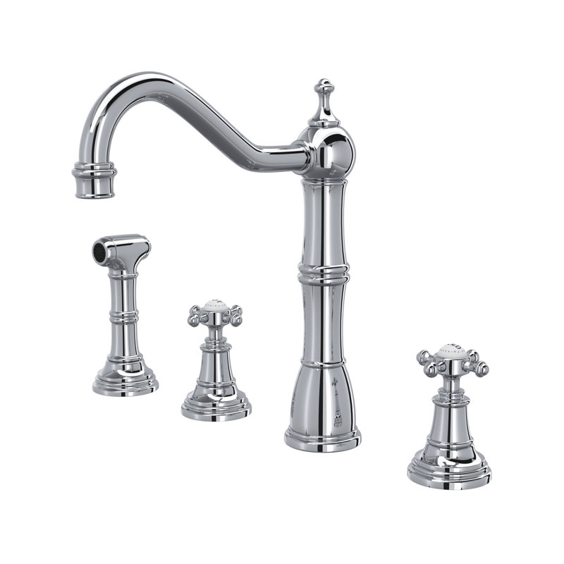 Edwardian Two Handle Kitchen Faucet With Side Spray, Polished Chrome, Knob/Cross handle