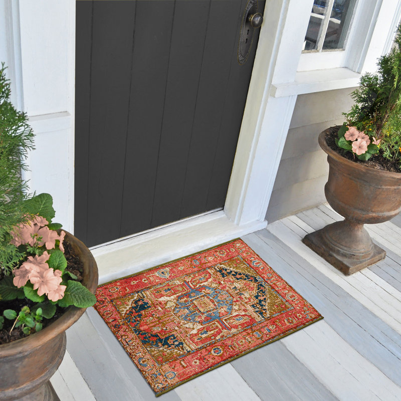 Lygia Salmon/Navy/Pink Heriz Indoor/Outdoor Kitchen Mat, Rectangle 2' x 2'10"