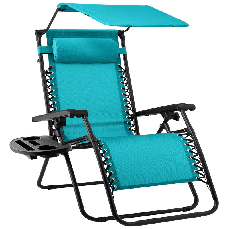 Fauteuil inclinable pliant avec auvent réglable, appui-tête et plateau à accessoires latéral, Bleu paon
