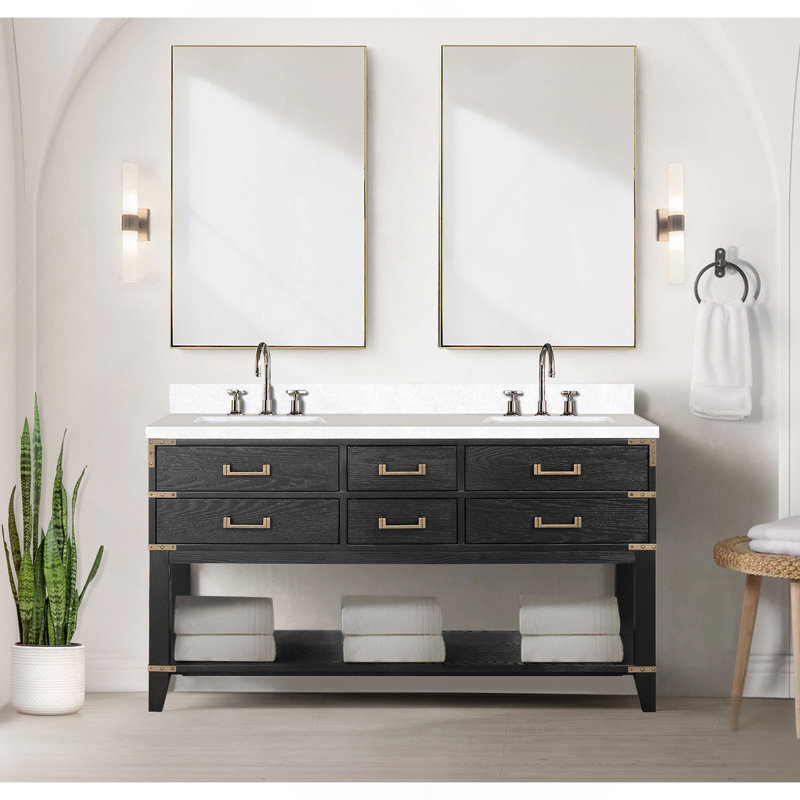 Meuble-lavabo double en chêne noir 60 po X P 22 po D, dessus en quartz blanc et ensemble de robinet