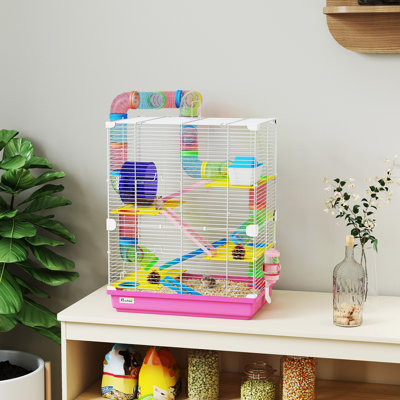 18" 5 Tier Hamster Cage with Tubes and Tunnels, Small Animal Cage with Portable Carry Handle, Gerbil Cage with Water Bottle, Food Dish, Exercise Wheel, Pink